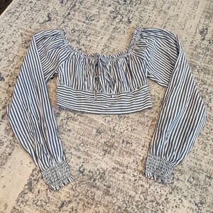 NWT AERIE Blue White Striped Smocked Back Crop Top Long Balloon Sleeve Tie Front